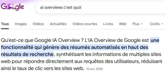 Exemple de AI Overviews Google